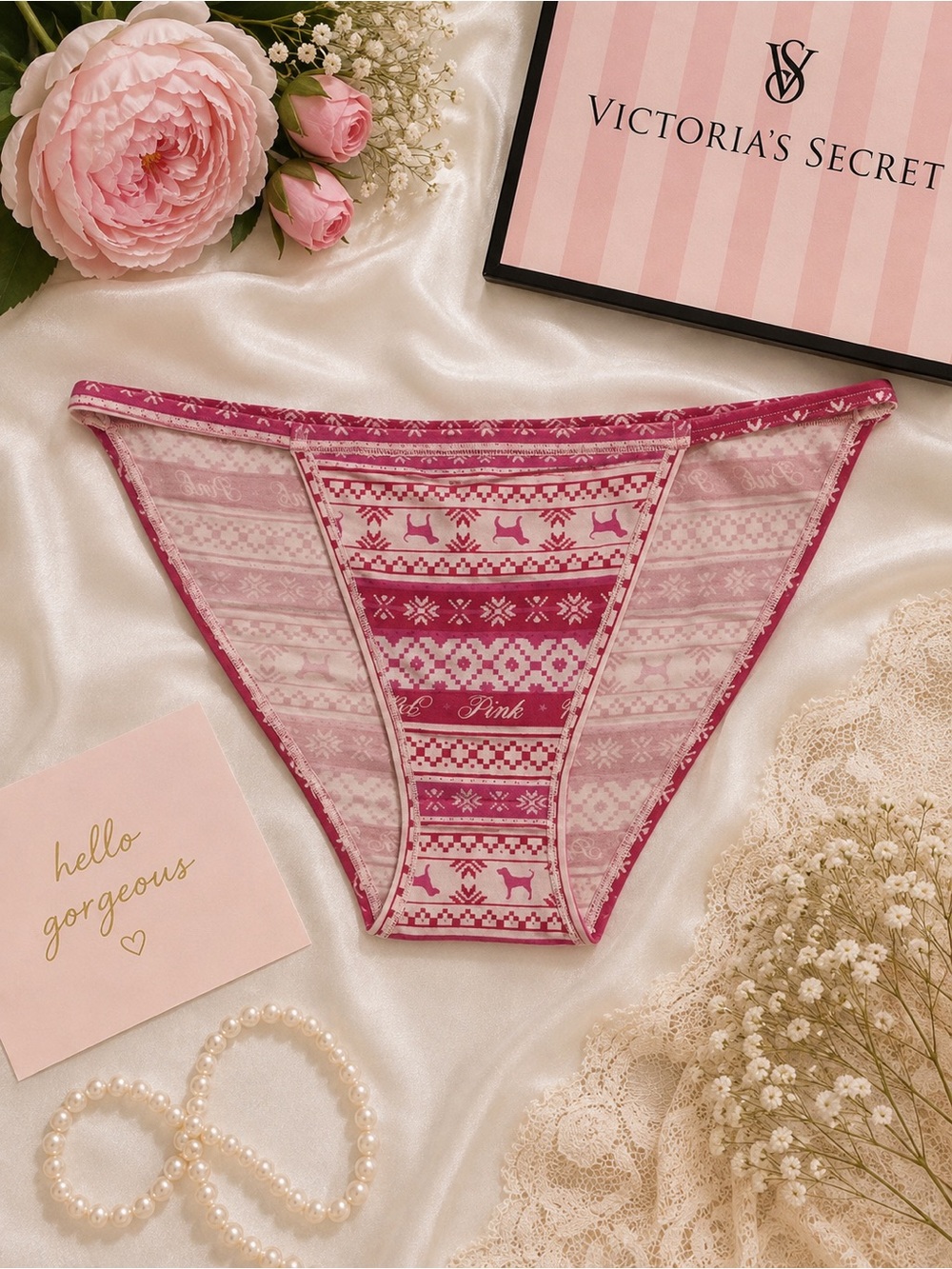 NWT Victoria's Secret Pink Fuchsia Fair Isle Bikini Panty Size M